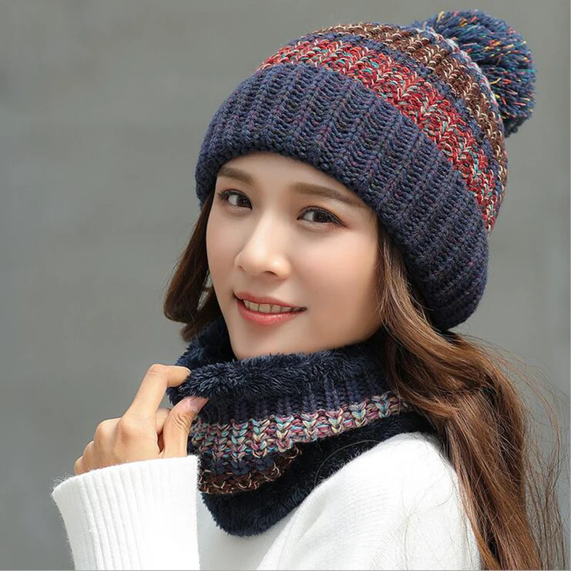 

Brand Winter Beanies For Women Mixed Colors Knitted Hat Scarf Set Skullies Beanies Knit Big Pompom Thick Caps Female Winter Hat