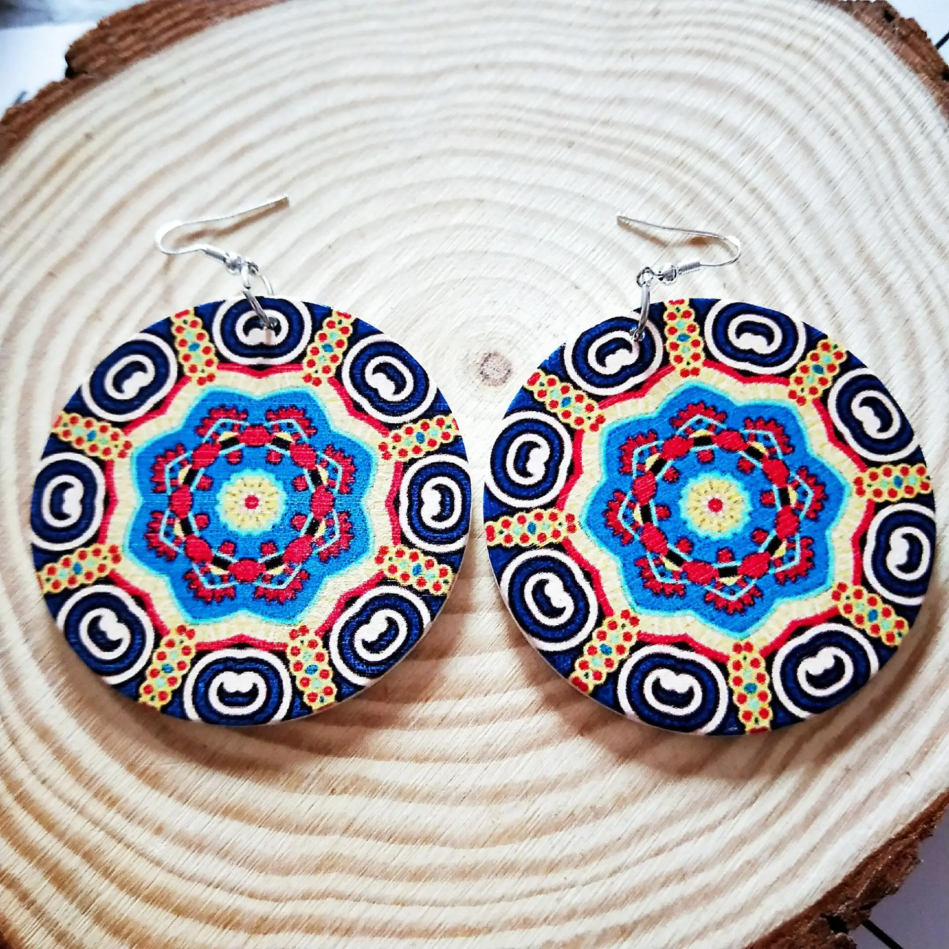 

African Round Earrings Bohemia Yellow Geometric Wood Dangle Earrings Retro Sun Flower for Women Girls Lady Gift Party