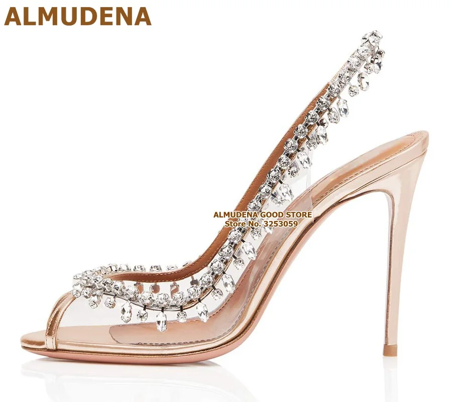 ALMUDENA Graceful Silver Clear PVC Crystal Wedding Shoes Open Toe Elastic Band Slingback Fringe Shoes Bling Bling Rhinestone