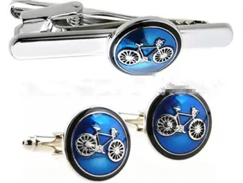 

Newest Fashion Cufflinks&Tie Clip Set Blue Bicycle Cuff Links+Tie Clip Bar Pin Set Bike Design Cufflinks Men Gift Jewelry 5sets