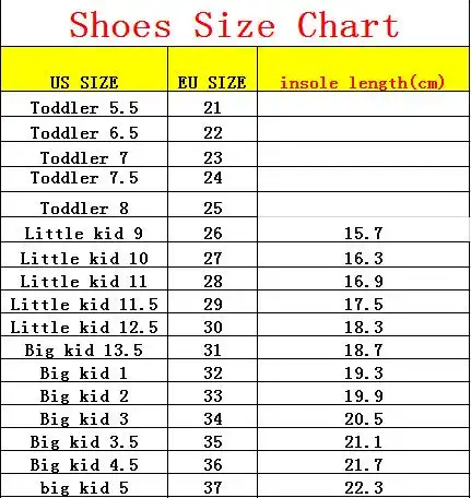 Big Kids Shoe Size Chart