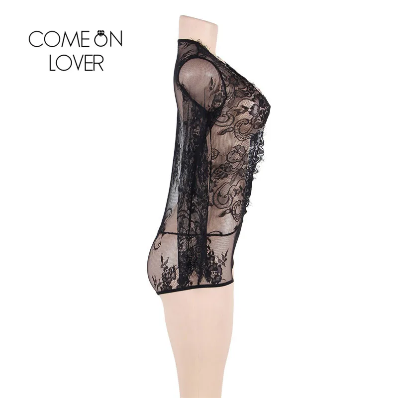 Женское Кружевное боди Comeonlover черное с длинным рукавом и глубоким треугольным