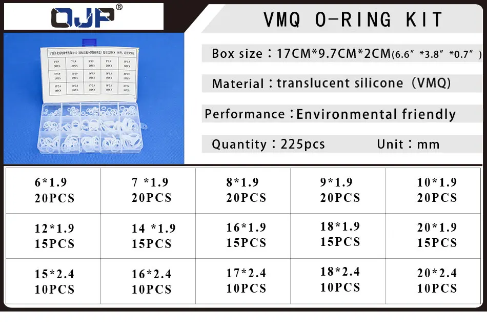 225pcs O Ring Silicone/Silicon 15 Sizes VMQ Silicon O-Ring Elasticity Sealing O-Rings Washer Gasket Ring Assortment Set Kit Box