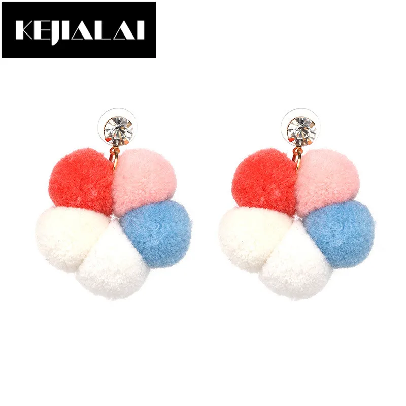 Kejialai Cute Pompon Earrings Colorful Cotton Balls Circle Big Earrings