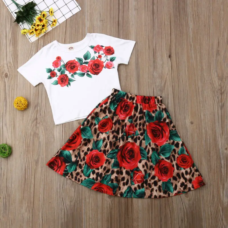

2019 Summer Toddler Baby Girls Clothes Flower Tops Short Sleeve T-shirt Leopard Print Skirt Fashion Girls Clothes Set Outfits