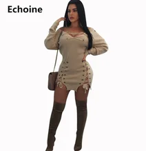 Women Grommet Bandage Sexy Mini Knit Dress Autumn V-neck Bodycon Knit Dress Long Sleeve Elegant Party Dress Clubwear Outfit stylish plunging neck long sleeve gray knit women s bodycon dress