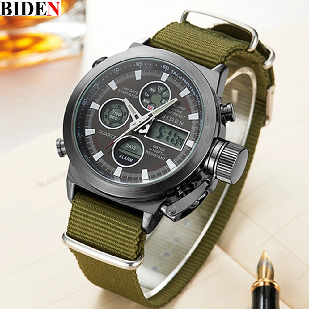 Biden нейлоновые мужские часы модные повседневные кварцевые часы с цифровым дисплеем спортивные водонепроницаемые противоударные мужские часы
