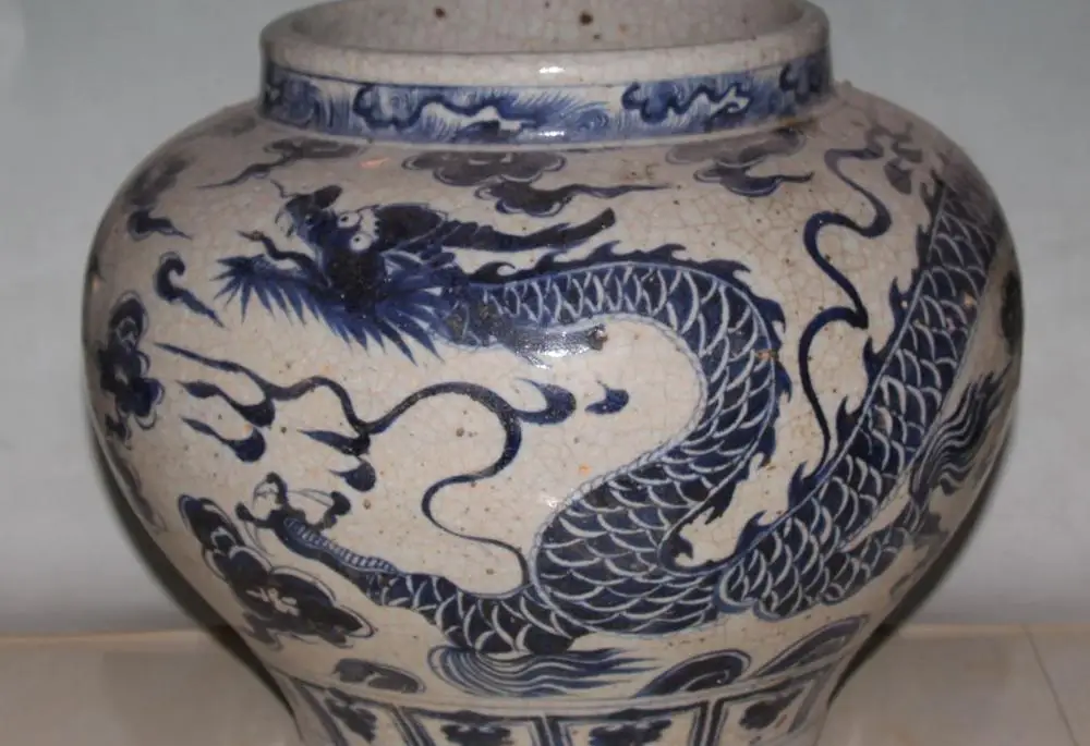 

12" Old White Blue Porcelain Palace Dragon Dragons Zun Pot Jar Jug Crock Tank