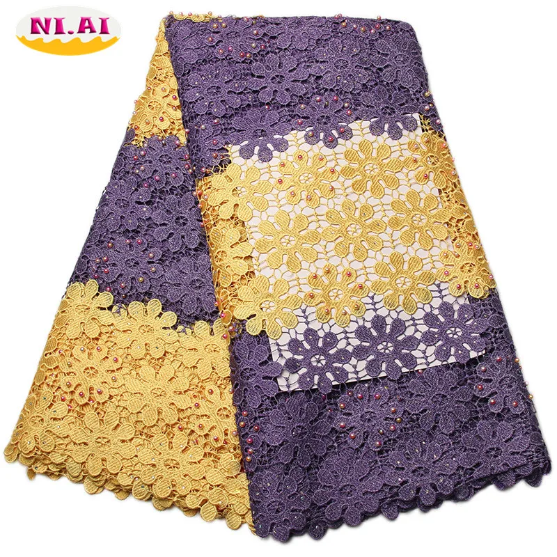 

Cord Lace African French Lace Fabric High Quality With Stones Beaded Lace Fabric Guipure Chemical African Lace Fabric XY989B-1