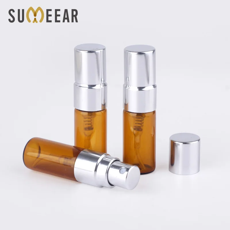 

100 Pcs/Lot Trial Pack 3ML Amber SPRAY BOTTLE Refillable Perfume Bottle Silver Spray Bottle Atomizer Cosmetic Container Case
