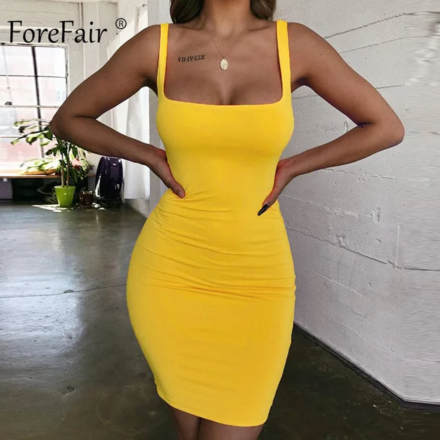 US $8.48 Forefair Spaghetti Strap Sexy Bodycon Dress Summer Yellow Neon Green Black Orange Elegant Sleeveles