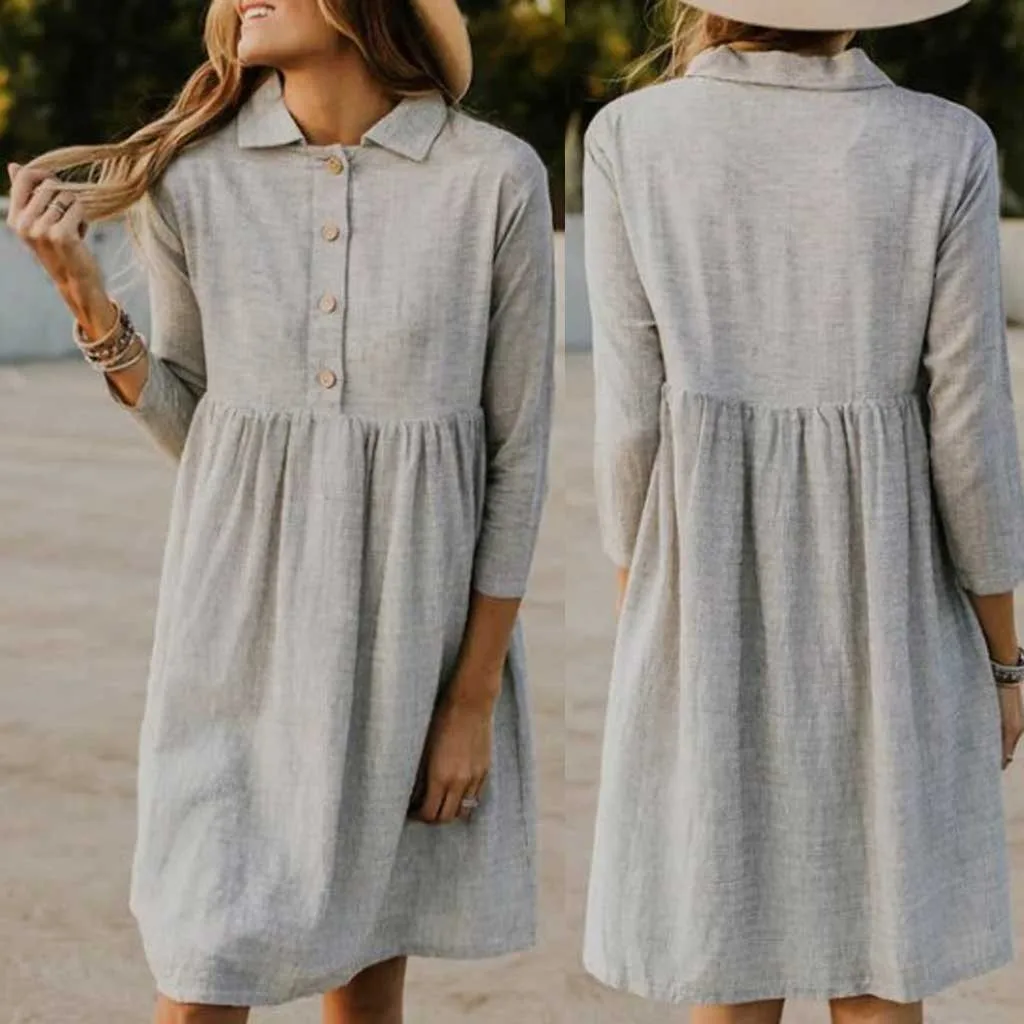 

Women's Summer Dresses Fashion Solid Color Turn Down Collar Midi Dress Three Quarter Casual Loose Dresses Big Size Soft