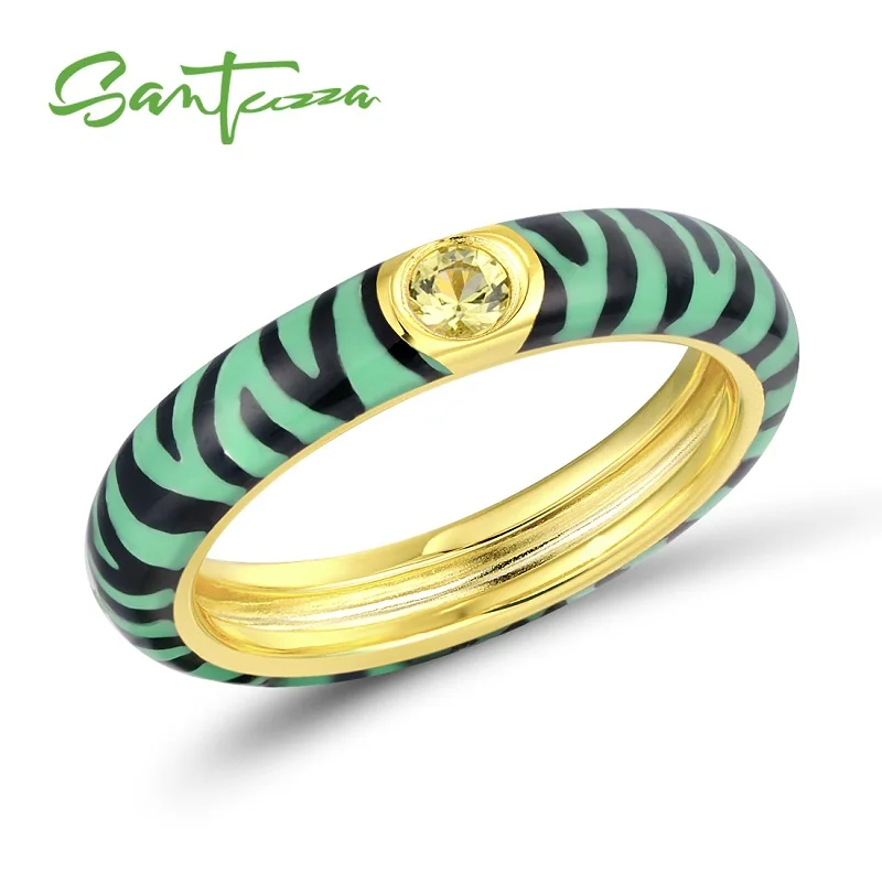 SANTUZZA, серебряные кольца для женщин, красочные, Зебра, полоса вечности, кольца, 925 пробы, серебряные, вечерние, модные ювелирные изделия, эмаль, ручная работа - Цвет основного камня: Green Color