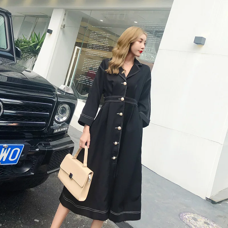 

Trench Women 2018 Casual New Polyester Trench Long Button Turn Down Collar Women Trench NA02 Vestidos Femininos