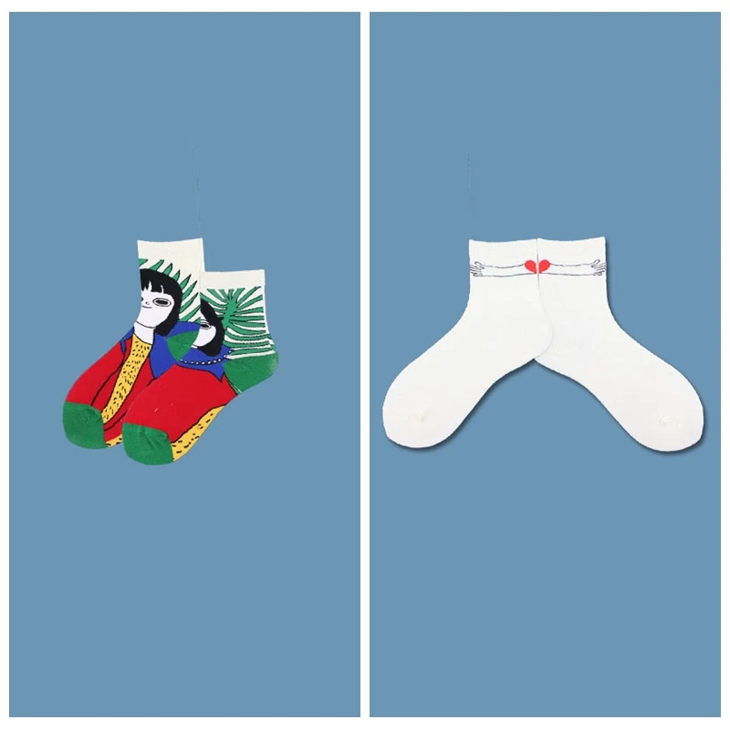 2 пар/компл. Лидер продаж футболка с забавным мультипликационным принтом «Девочка с рисунком Для женщин хлопковые носки Для женщин короткий Hipster Повседневное креативные носки для искусства Смешные Носки - Цвет: GIRLW2