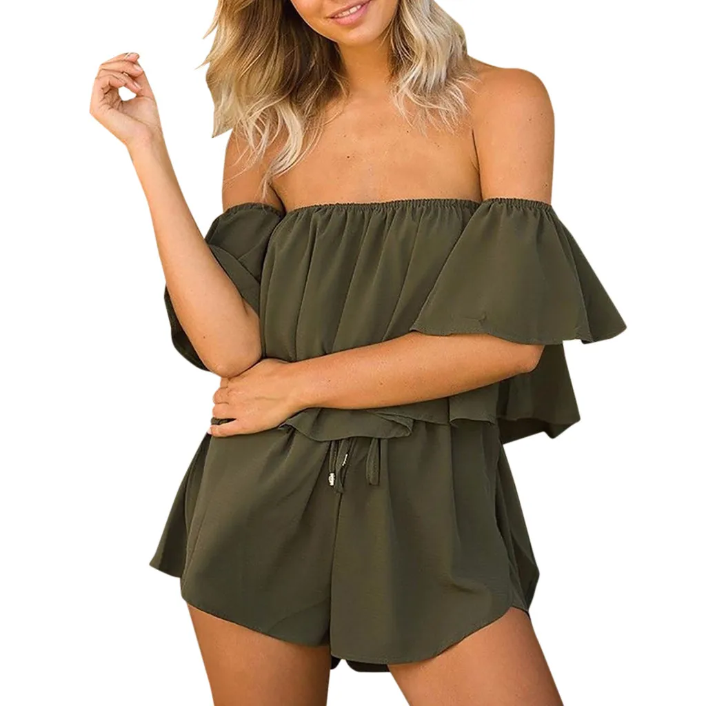 

JAYCOSIN Strapless shoulder solid color Short sleeve womens Party Short Playsuit Sexy Backless printing summer jumpsuit dropship
