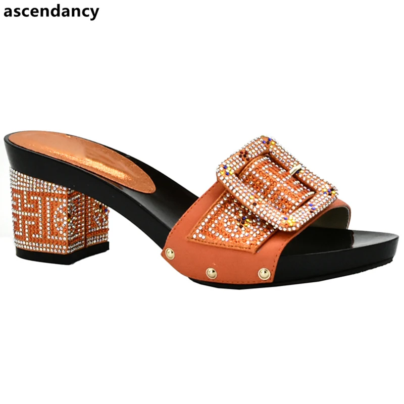 

Orange Color Rhinestone Italian Women Wedding Shoes African Party Shoes Summer Women Slipper Pumps Shoe Italian Elegant Shoes
