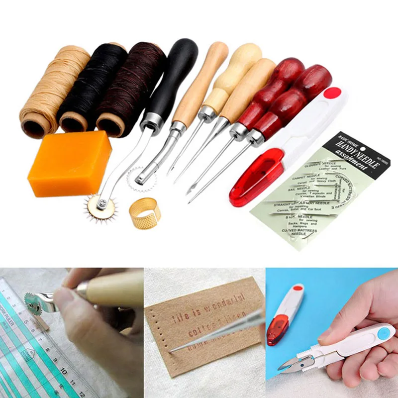

13Pcs New Leather Craft Hand Stitching Sewing Tools Thread Awl Waxed Thimble Kits E2shopping LXY9