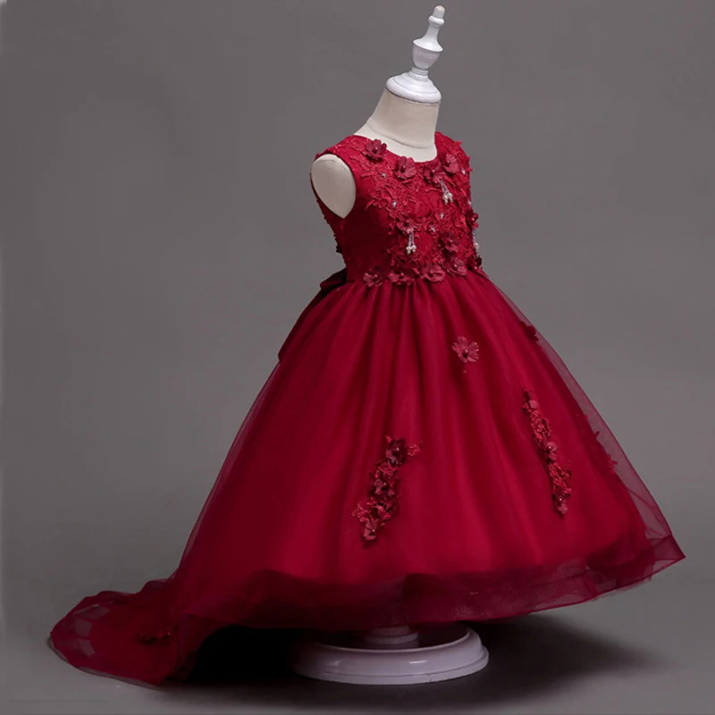 Детское платье принцессы с длинным шлейфом для девочек; платья для дня рождения; одежда для детей 8-10 лет; красное рождественское праздничное платье