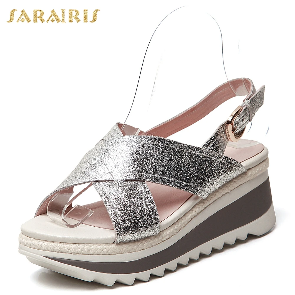 

Sarairis 2019 New Hot Sale Genuine Cow Leather Shoes Sandals Woman Summer Platform Woman Women Wedges Shoes Woman