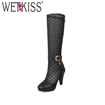 

WETKISS Summer Knee High Women Boots Round Toe Zipper Platform Footwear2019 Antumn Fashion High Heels Ladies Shoes Big Size 46