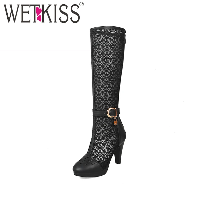 WETKISS/летние сапоги до колена женские круглый носок на платформе и с молнией в