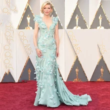 Халат de soiree Новинка года Оскар, v-образный воротник, Кепки рукав Свадебный букет русалка красной ковровой дорожки мятно-зеленого цвета, Звездные вечерние платья