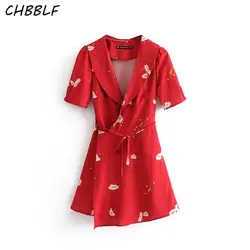 Chbblf женщины Креста V neck wrap dress С симпатичным бантом галстук с коротким рукавом женская повседневная одежда цветочные платья vestidos mujer HJH1454