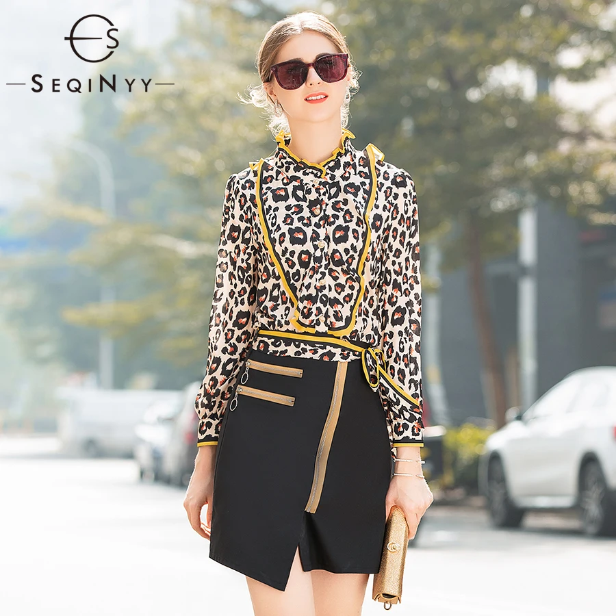 

SEQINYY Vintage Two Piece Suit 2019 Spring Summer Woman's Long Sleeve Leopard Printed Single Breasted Shirt+Black Mini Skirt Set