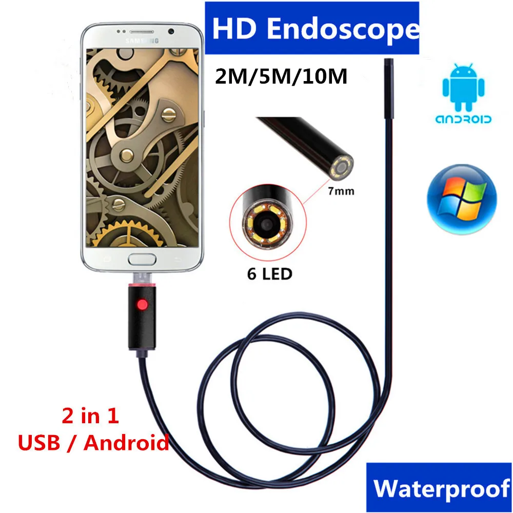 

2017 newest 7mm Lens 2in1 Android Endoscope USB Camera Flexible Snake Pipe Inspection Industrial endoscope 6LED mini camera