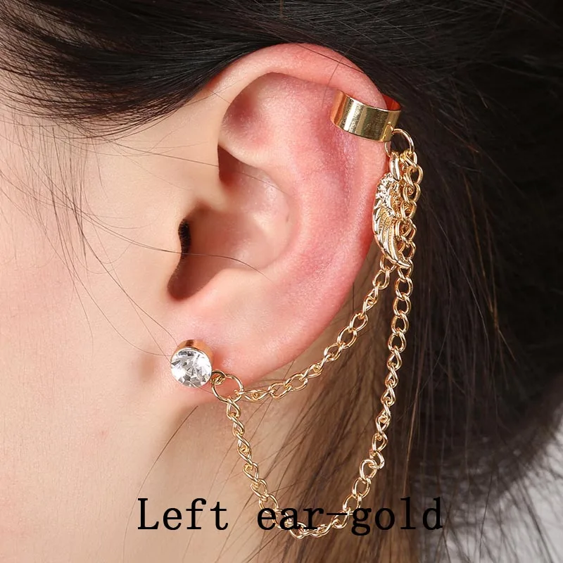 wing earring Punk Inlaid Rhinestones Zinc Alloy Ear Cuff Popular Chain Wing Crystal Jewelry Long Tassel Party Clip Earring - Окраска металла: left ear gold