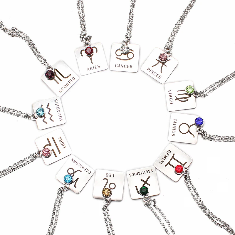 

New Stainless Steel 12 Zodiac Constellation Signs Pendant Necklace Rhinestone Charm Necklace Women Friend Couple Jewelry Gifts