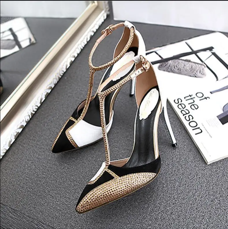BJYL Female summer 2018 new rhinestone sexy fine with Baotou leather pointed super high heel shoes