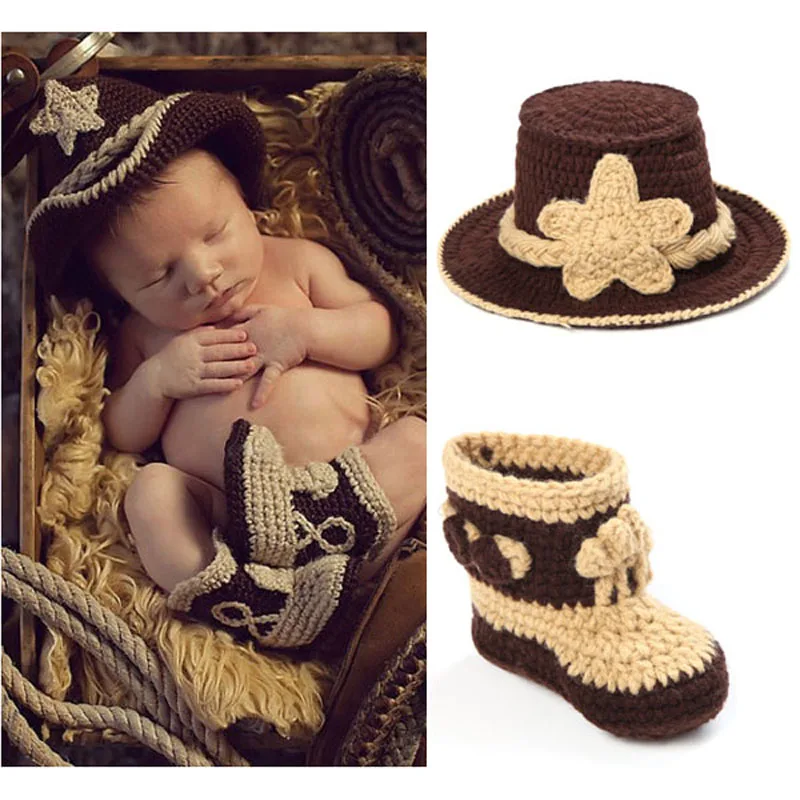 Crochet Baby Cowboy Hat and Boots Set in Brown Newborn Boy Photo Props Handmade Knitted Baby Hat and  Booties H034