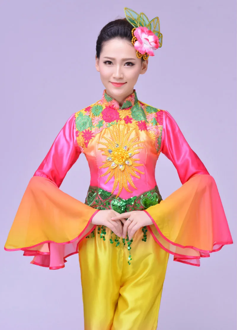 Традиционная китайская одежда для женщин древний янгко народный танцевальный веер желтый костюм костюмы женщина янгге Одежда для танцев