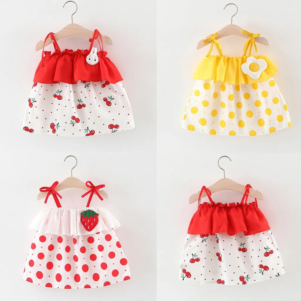 

Toddler Baby Kids Girls Ruffles Strap Dot Straw hat fried egg rabbit Print Dress Princess Dresses baby girl summer clothes 2019