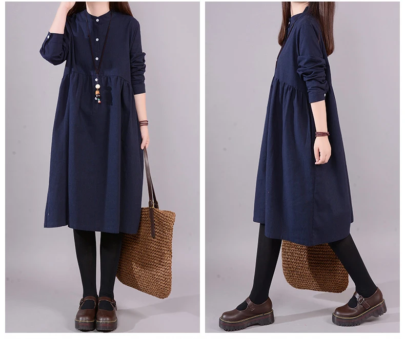 9521 Oversize Dresses Women Long Sleeve Elegant Loose Casual Dress Large Size Solid Button Vintage Cotton Linen Dress Vestidos Mujer 8