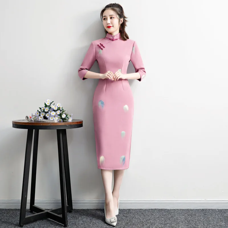 Зимние женские шерстяные тонкие Cheongsam 4 цвета китайские винтажные Qipao элегантные женские повседневные платья Мандарин Воротник Vestidos