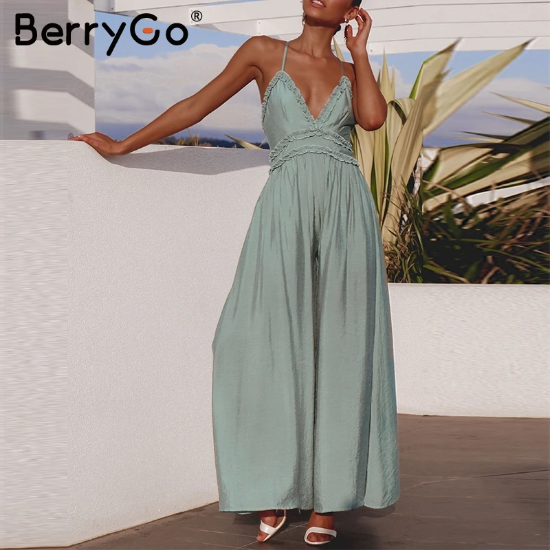 

BerryGo Sexy v neck women jumpsuit Elegant spaghetti straps ruffle female jumpsuit romper Casual wide leg office ladies overalls