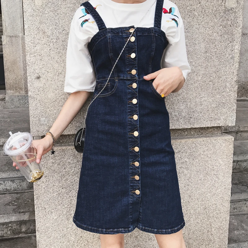 denim pinafore dress knee length