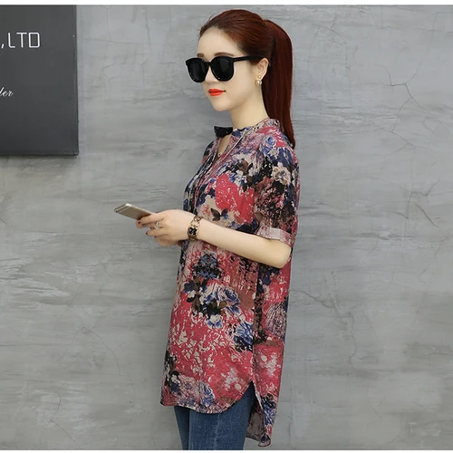 Модная шифоновая блузка Женская одежда с коротким рукавом свободная плюс размер женская рубашка блузка с v-образным вырезом с принтом цветочный женские топы D532 30 - Цвет: 2
