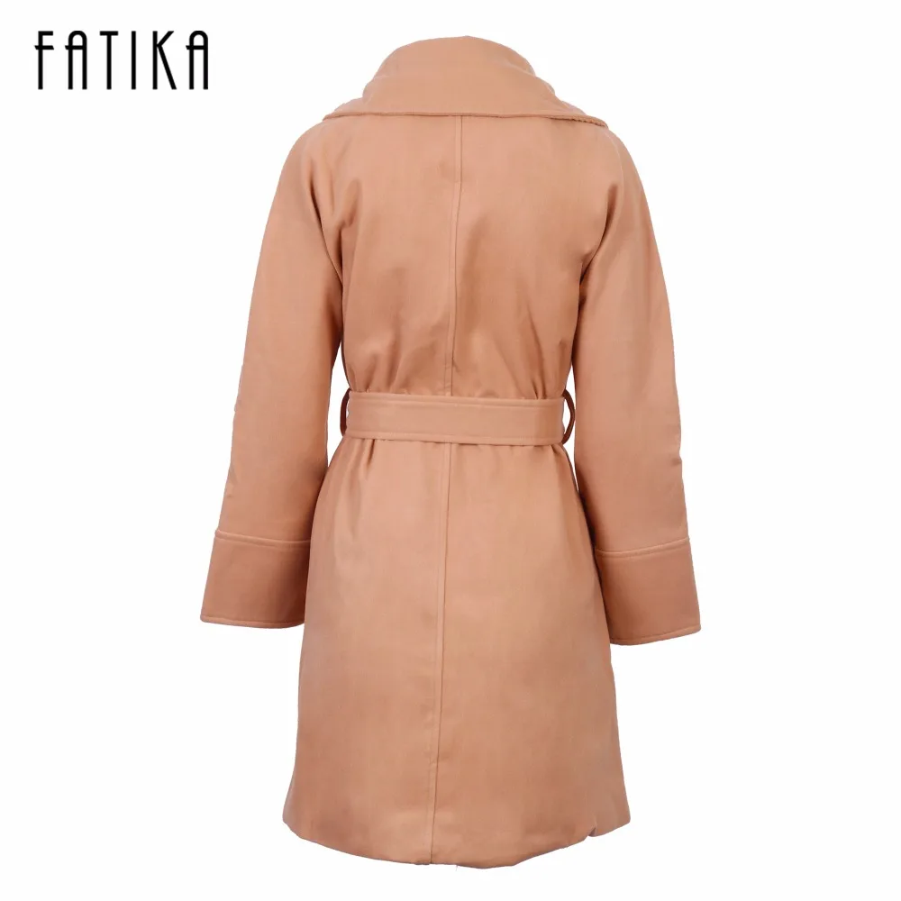 FATIKA Winter Coat Women Wide Lapel Belt Pocket Wool Blend Coat Oversize Long Red Trench Coat Outwear Woolen Coat Women
