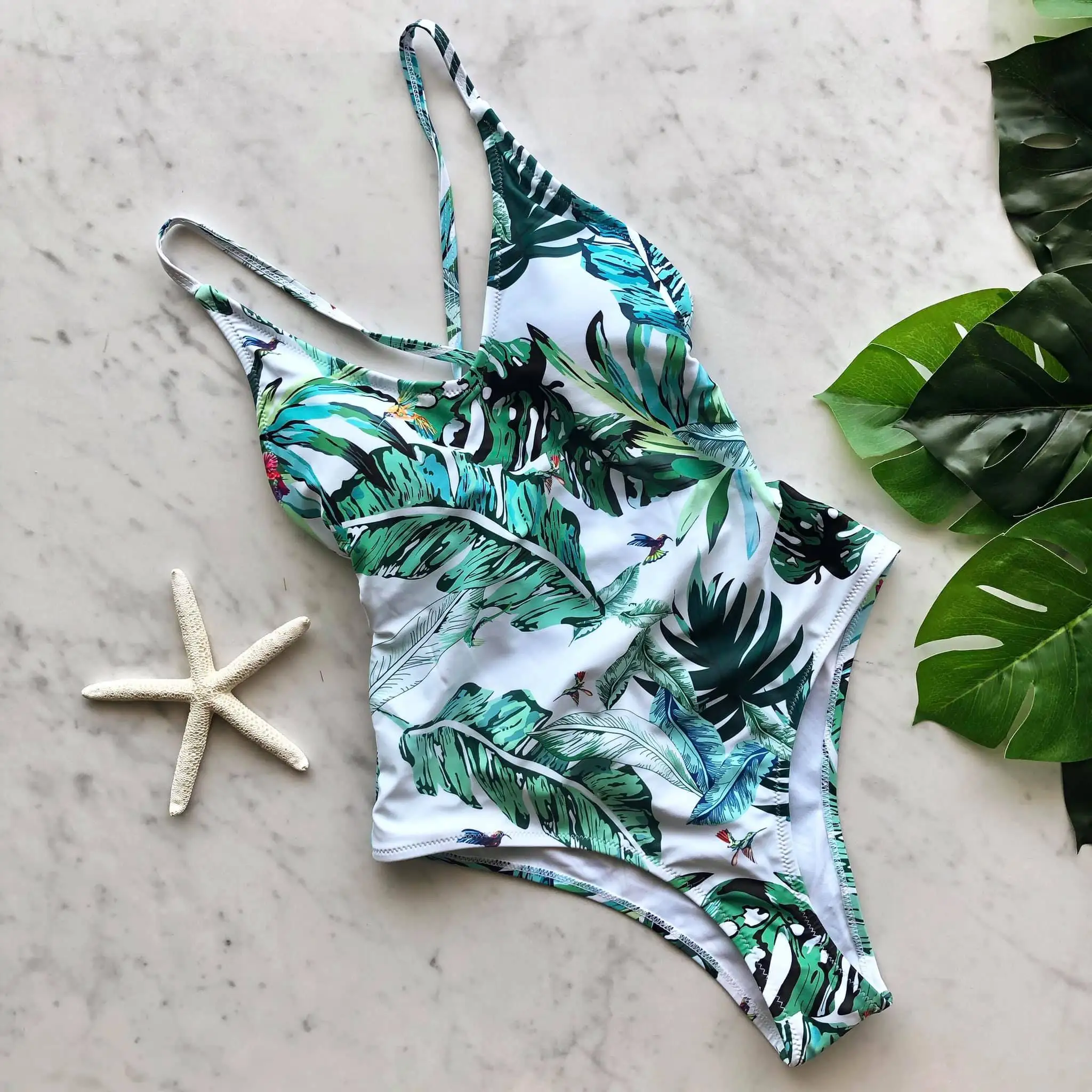 

Summer Style One Piece Swimsuit For Women Palm Print Swimwear Leaves Printed Monokini Pad Bathing Suit Beach Wear Female Bain