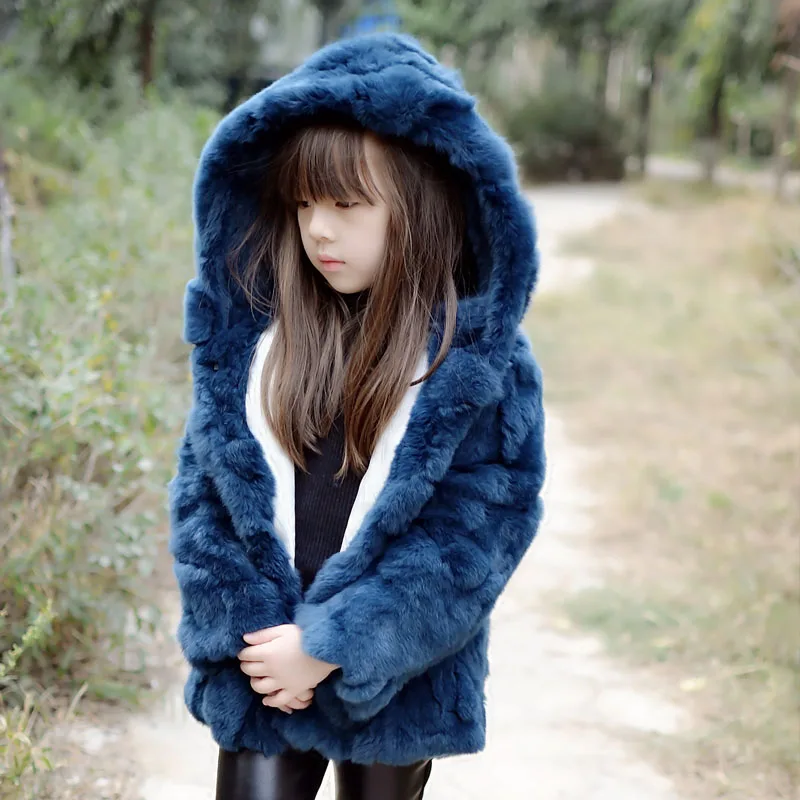 Kids Girls Real Rex Rabbit Fur Coat Winter Children Genuine Fur