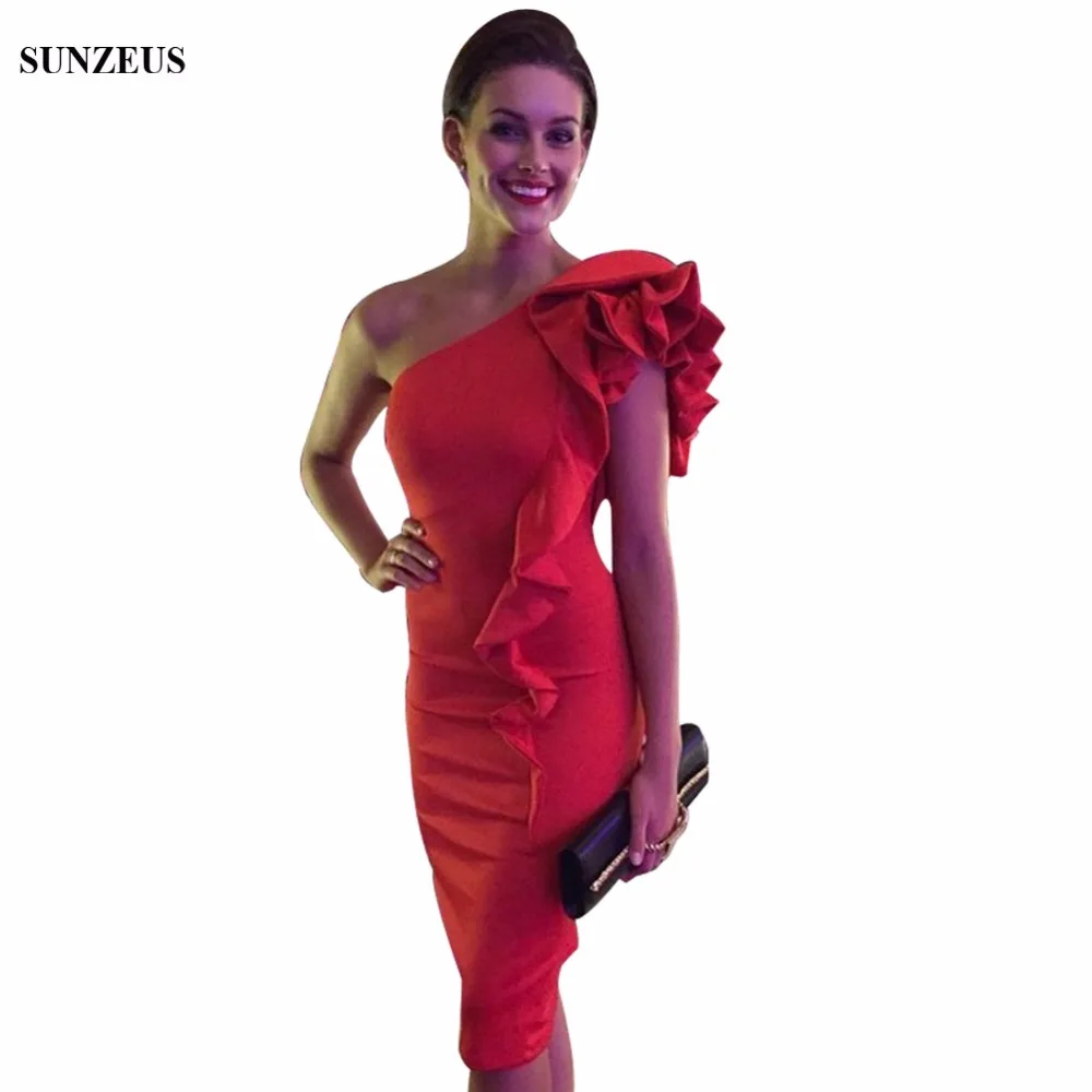 Sheath Knee Length One Shoulder Cocktail Dress For Wedding Elegant Red