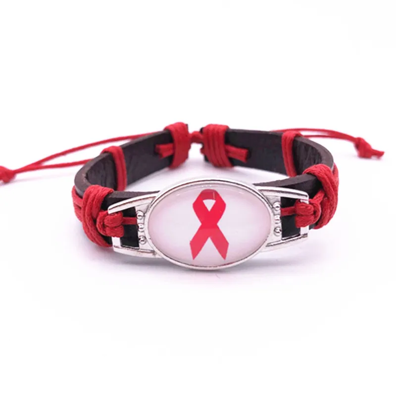 

AIDS Cancer Awareness Red Ribbon Charm Genuine Leather Bracelet Handmade Wax String Weave Leather Bracelets&Bangles Jewelry
