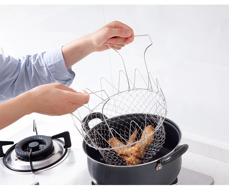 TUUTH Stainless Steel Fried Filter Basket Drainage Rack Fruit Basket Telescopic Folding Chef Kitchen Tools Accessories B2