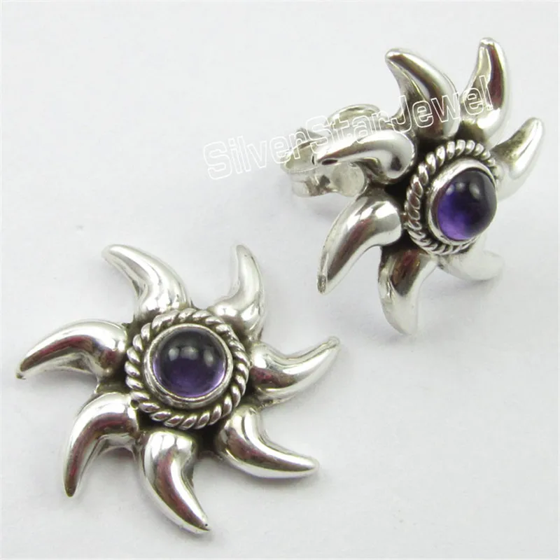

SOLID Silver Sparkling AMETHYSTS Gem Beautiful SUN Stud Post Earrings 1.8 CM Variation