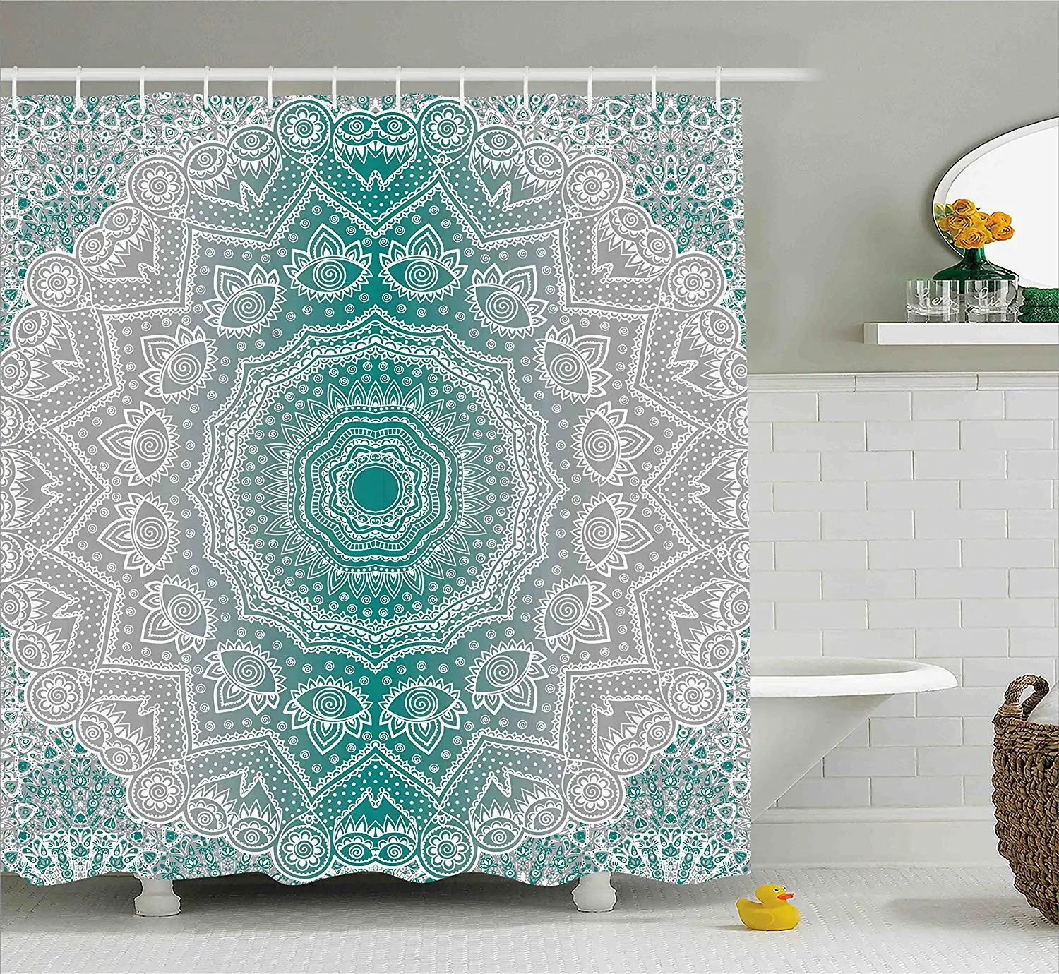 Grey Teal Shower Curtain, Mandala Ombre Sacred Geometry Occult Pattern Flower Lines Display