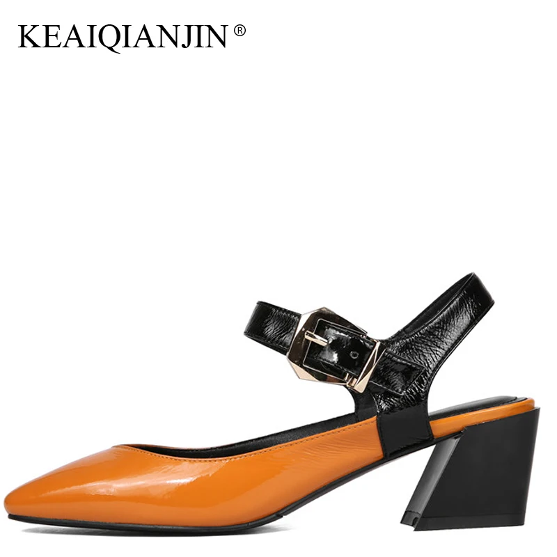 

KEAIQIANJIN Woman Genuine Leather Sandals Sexy Green High Heels Shoes Plus Size 33 - 43 Orange Patent Leather Sandals 2018